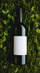 Commercial up-top photo bottle of red wine with white clear label laying on the grass; Mockup;

