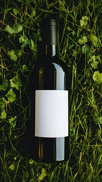 Commercial up-top photo bottle of red wine with white clear label laying on the grass; Mockup;

