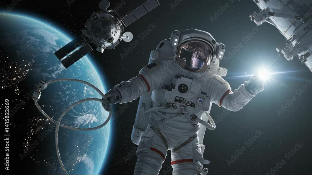 Aufkleber astronaut on spacewalk near earth orbit. exploring outer space, man drifting in zero gravity footage