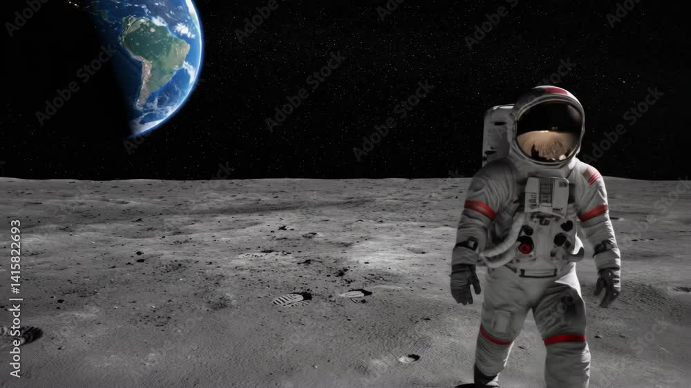 Poster astronaut walking on the moon surface with earth in the background footage. man exploring universe o