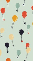 Whimsical pattern of colorful balloons with antique keys floating on light blue background