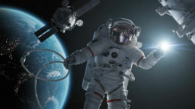 Astronaut on spacewalk near Earth orbit. Exploring outer space, man drifting in zero gravity footage. Space station & satellite in cosmos background video clip.