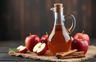 Apple cider vinegar in glass bottle with red apples, cinnamon sticks on dark wood table. Fermented food, health drink. Natural medicine, vitamin source. Healthy eating, cooking ingredient for salads.