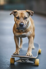 Dog Standing Balancing on Skateboard Ready to Ride on Street Pavement