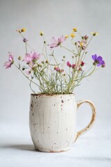 Pink Yellow Purple Cosmos Flowers in Speckled Rustic Ceramic Mug