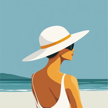 Mujer en ba&ntilde;ador y con sombrero en la playa. Concepto vacaciones de verano.