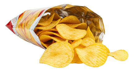 Open bag of potato chips spilling out with golden color against a black background studio shot view