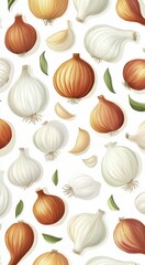Watercolor Onions and Garlic Seamless Pattern Food Ingredient Backdrop