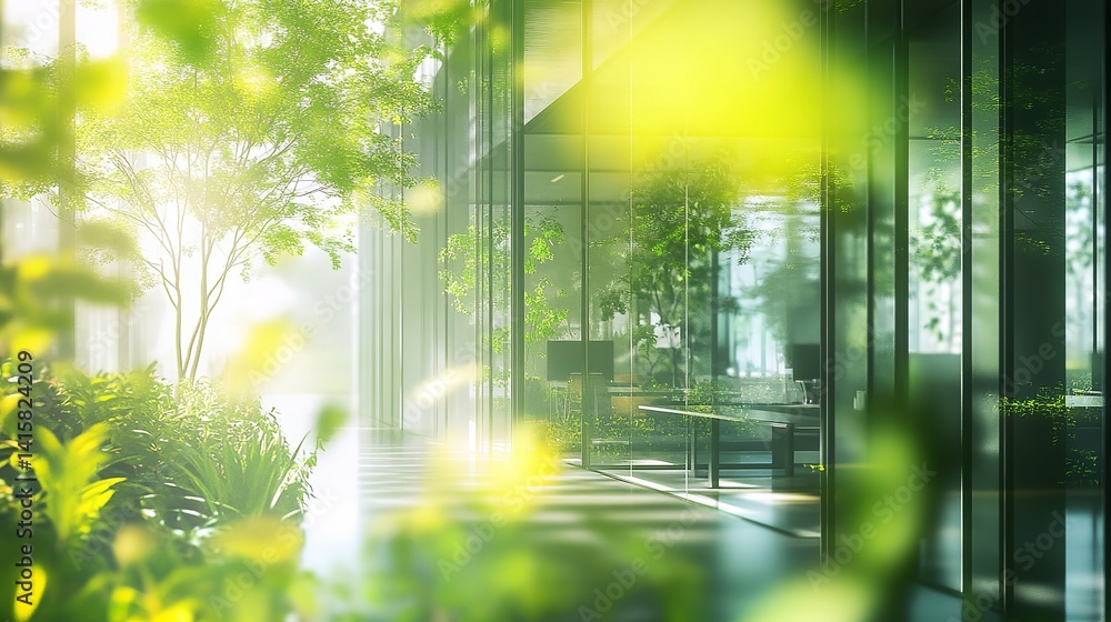 Poster glass building with greenery and trees inside and outside during daytime with sun shining through it