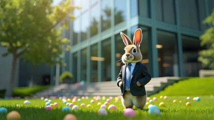 Corporate Easter bunny or rabbit in a suit standing in front of a high rise corporate business building with Easter eggs scattered on the grass around the bunny.