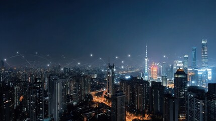 Stunning Night City Skyline with Digital Layer and Bright Lights