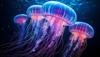 Obraz premium Mesmerizing Bioluminescent Jellyfish Underwater Scene