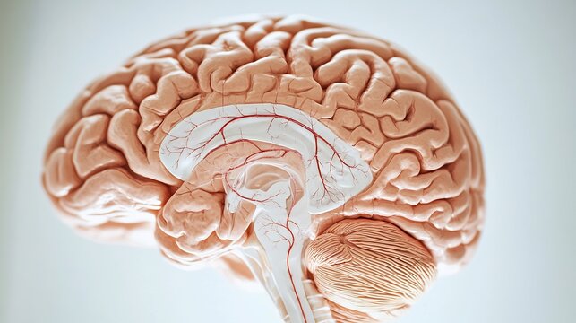 Anatomy of human brain with neural pathways labeled white background