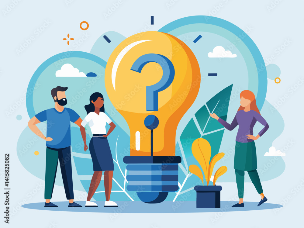 Poster people brainstorming around a lightbulb with a question mark inside for innovation and ideas concept