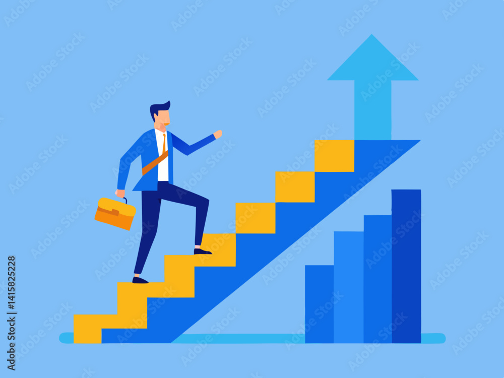 Poster businessman climbing stairs towards arrow with briefcase and graph in the background design is shown