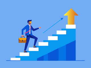 Businessman climbing stairs towards a golden arrow representing success and career advancement in business