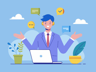 Illustration of a call center agent with laptop and plants on a light blue background design art
