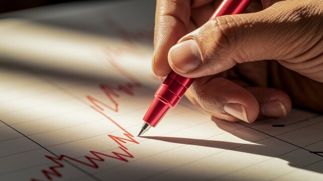 A hand with a red pen draws an ascending chart on financial analysis paper, close-up
