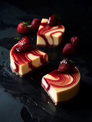 Raspberry Swirl Cheesecake Bites with Fresh Berries on Black Slate