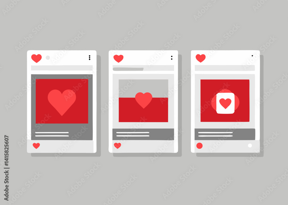 Aufkleber three social media posts with heart icons displaying different love levels and engagement metrics on