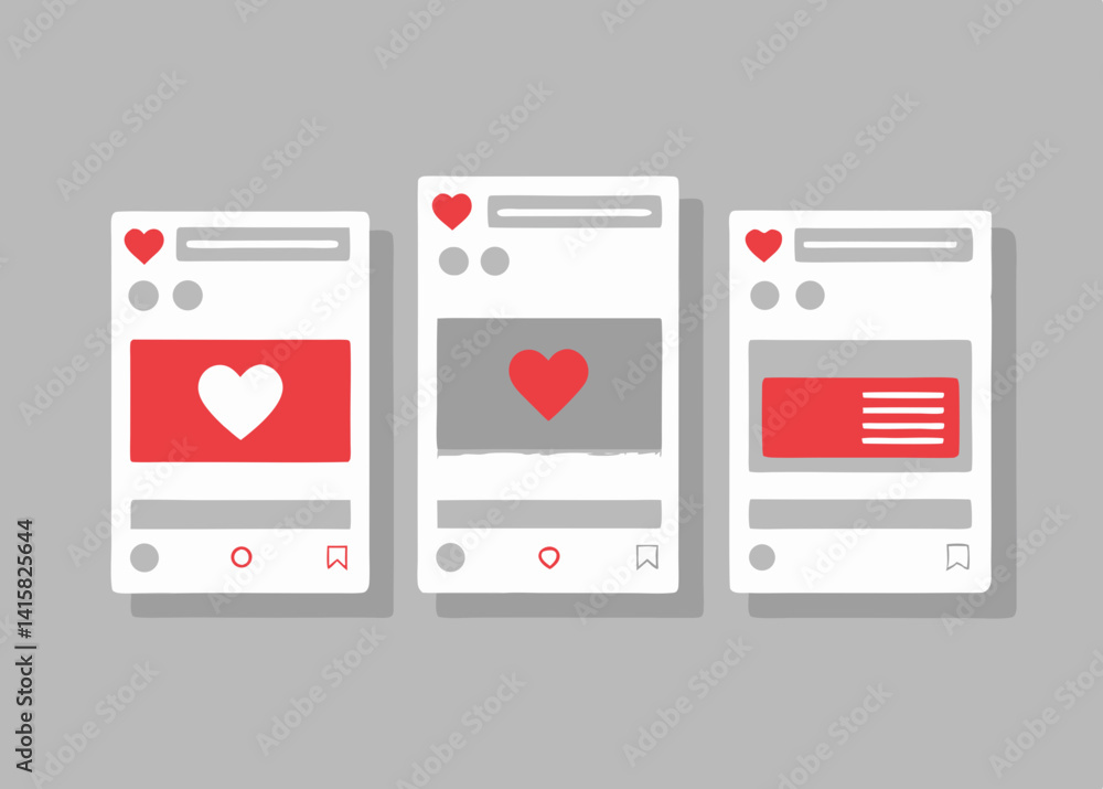 Poster three social media posts with hearts and rectangular content on a gray background in a simple style