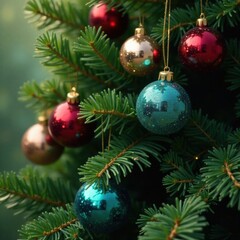 Dense foliage of a fir tree covered in sparkling glass balls , ornaments, decorations, lights