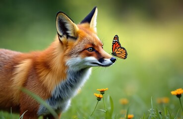 Fototapeta premium Red fox portrait in meadow with butterfly sitting on nose. Cute animal is happy in the sun. Wildlife photo of mammal carnivore exploring habitat. Sunny summer autumn nature.
