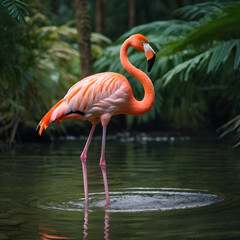 Fototapeta premium A Pink Flamingo Gracefully Wades in a Lush Tropical Pond Wildlife