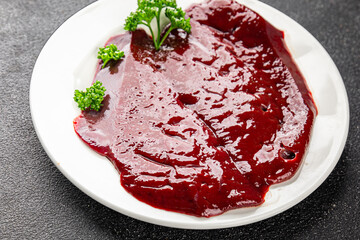 Raw liver beef veal meat steak liver grill appetizer vegetables dish fresh delicious gourmet food background on the table rustic food top view copy space keto and paleo diet