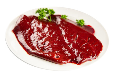 Raw liver beef veal meat steak liver grill appetizer vegetables dish fresh delicious gourmet food background on the table rustic food top view copy space keto and paleo diet