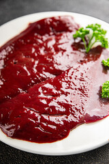 Raw liver beef veal meat steak liver grill appetizer vegetables dish fresh delicious gourmet food background on the table rustic food top view copy space keto and paleo diet