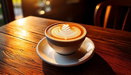 ceramic cup of coffee on a wooden table with warm backlight
