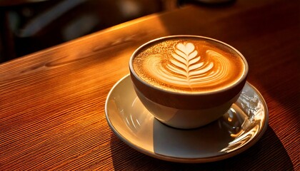 ceramic cup of coffee on a wooden table with warm backlight

