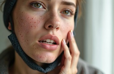 Young woman struggles with skin irritation acne from wearing face mask. Irritated skin on face, chin. Touching face, looking at camera. Dermatology, cosmetology. Beauty, skincare concept.