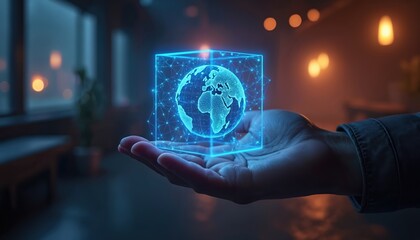 Hand holding glowing blue cube with digital globe inside. Technology innovation, network, metaverse, modern communication concept. Futuristic AI tech, data, cyberspace, blockchain, global information