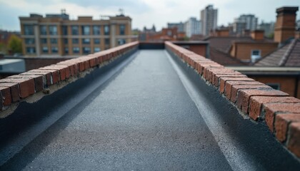 Fototapeta premium Waterproofing a flat roof with liquid rubber sealant. Process of roof repair and sealing against water leaks. Brick wall, building cityscape background. Construction and maintenance.