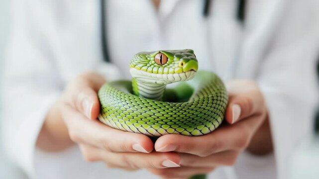 A veterinarian is holding a green snake in her hands. The snake is curled up and he is resting.