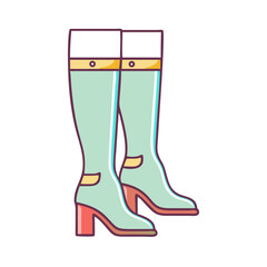 Pair of stylish light green high heel boots with orange heels and gold accents