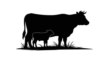 Cows and Calf Silhouette: A serene silhouette of a cow standing alongside its calf, embodying the tranquility of rural life and the bond of maternal care.