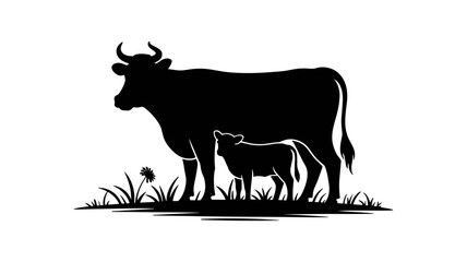 Silhouette of a mother and calf: A graphic silhouette captures the tender bond between a mother cow and her calf, standing side-by-side amidst blades of grass, a classic image of rural life.