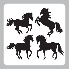 Black vector art showcases a set of horse silhouettes, including a wild stallion in a gallop and a running farm animal with a flowing mane and tail