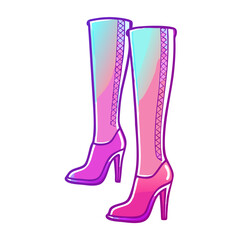 Pair of Stylish Pink High Heel Boots with Gradient Color and Purple Outline