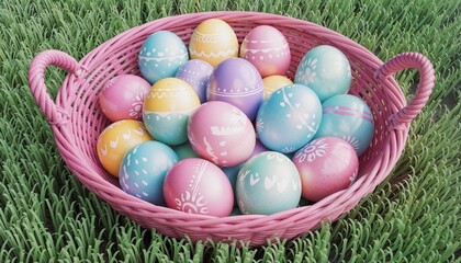 A woven basket filled with uniquely designed pastel-colored Easter eggs on fresh green grass with a simple background