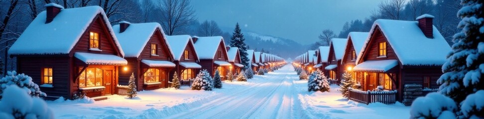 Christmas village with houses and shops under a snow-covered street, decoration, Christmas village, decorated buildings