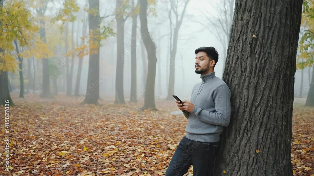 Aufkleber A person taking a call or checking their phone while resting against a tree trunk.