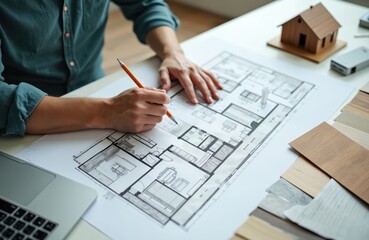 Architect drawing interior project plan on blueprint. Man working on design, home model on table. Architect workplace with laptop and home materials. Interior design renovation concept.