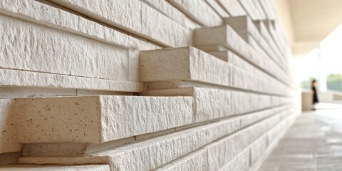 Abstract architectural wall of off-white rectangular blocks