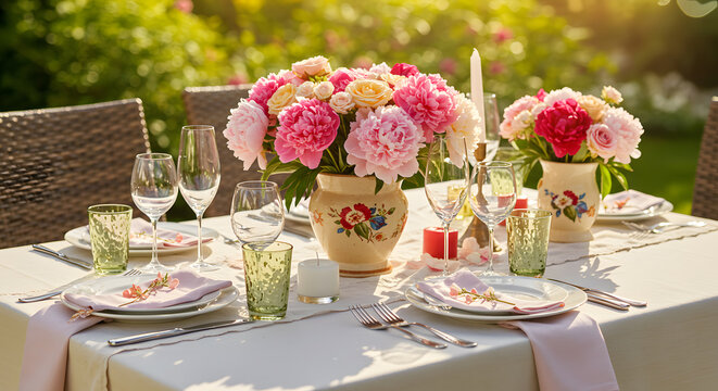 Elegant table setup for Mother's Day lunch in a garden, with floral decorations and wine glasses