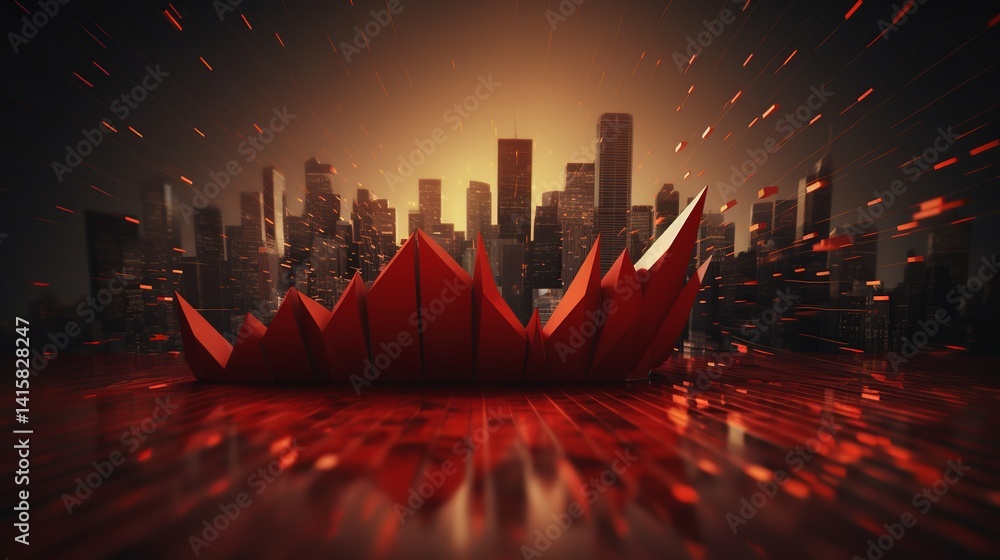 Poster abstract red geometric shape in front of a dark city skyline with a fiery orange and red color schem