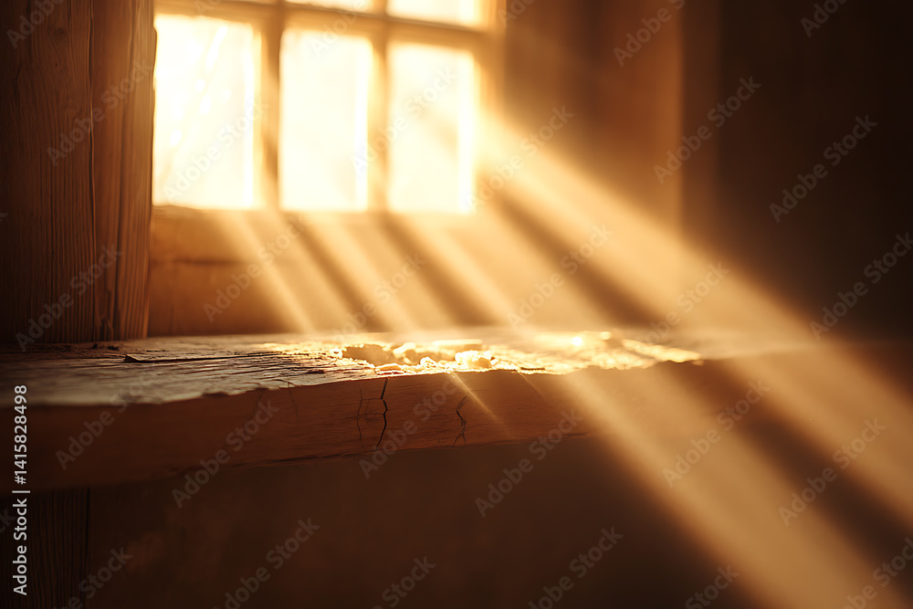 Poster Sunlight streams through a window, casting rays across a rough wooden surface. A warm and inviting, highlighting textures and creating depth.